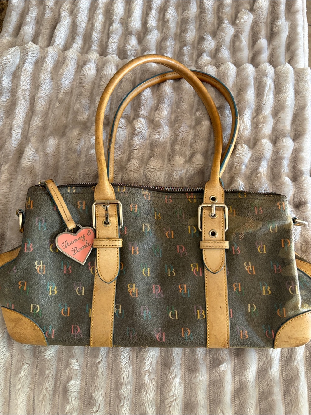 Dooney & Bourke Multicolor Logo Satchel with Tan Leather Y2K